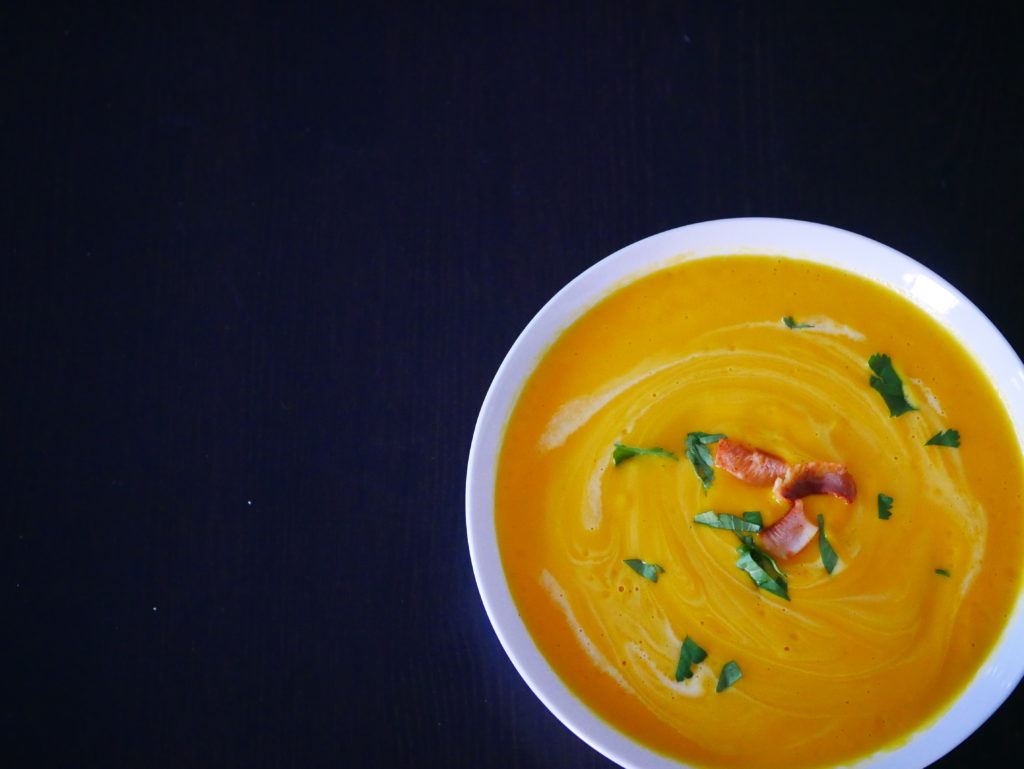 Pumpkin ginger soup with coconut bacon