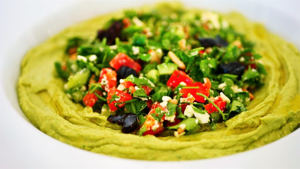 Green goddess hummus with herb salad