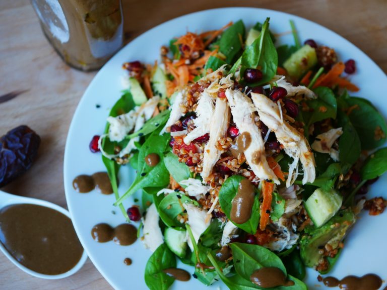 Shredded chicken spinach salad with date dressing