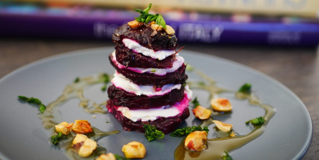 Beetroot chevre hazelnut millefeuille