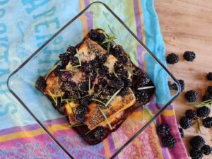 Baked feta with blackberries, rosemary and honey